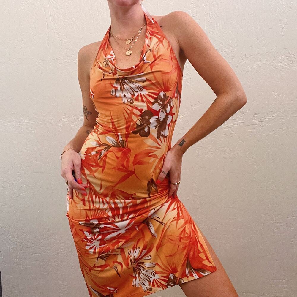 Vintage Y2K Orange Hawaiian Flower Cowl Neck Halter Slip Dress - Picture 1 of 8